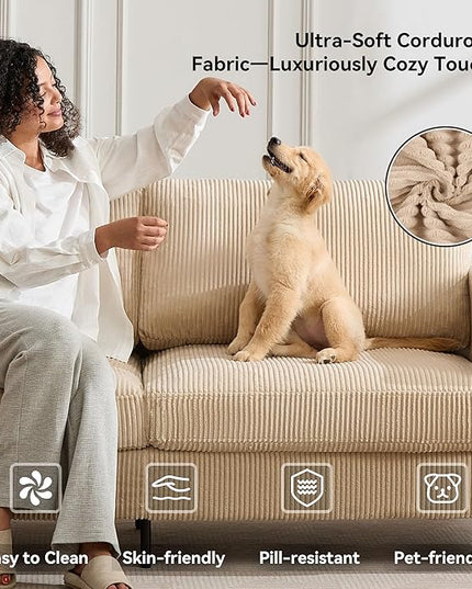Tbfit 85" Corduroy Couch for Living Room, 3 Seater Mid Century Modern Sofa with Spring Cusions & Extra Deep Seat for Bedroom, Small Comfy Upholstered Couches Easy Assembly with Solid Wood Legs, Beige
