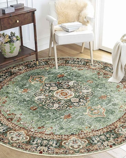 Green Round Rug 5ft, Circle Boho Area Rugs for Bedroom Living Room,Washable Vintage Bohemian Distressed Oriental Floral Carpet Non Slip,Sage