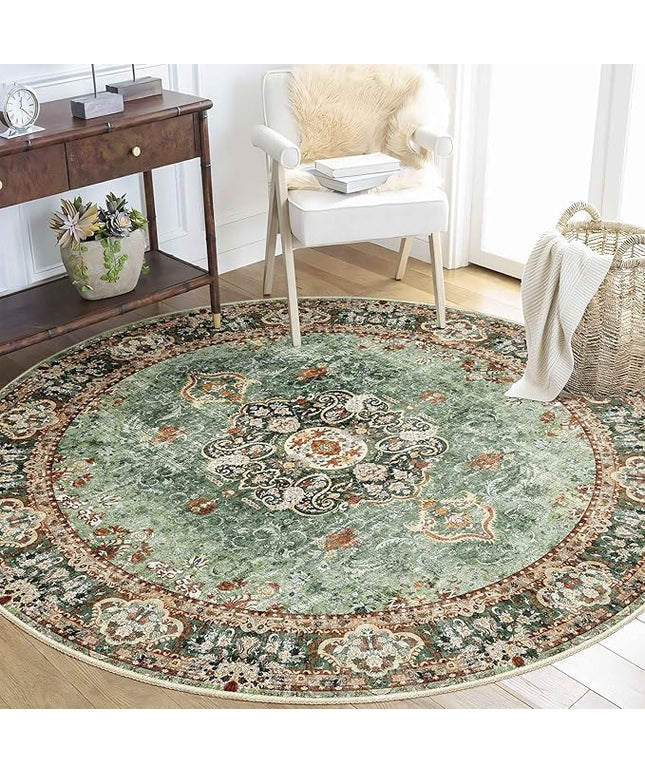 Green Round Rug 5ft, Circle Boho Area Rugs for Bedroom Living Room,Washable Vintage Bohemian Distressed Oriental Floral Carpet Non Slip,Sage