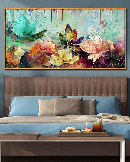 Flower Wall Art for Living Room, Framed Floral Canvas Wall-Art for Bedroom, Watercolor Lotus Print, Large Size 59x29 Inches
