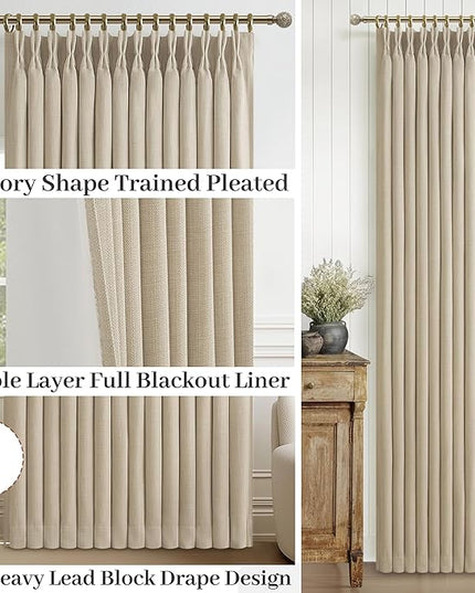 Extra Long Memory Trained Pinch Pleated Floor to Ceiling Curtains for Girls Bedroom 100 Inches Long, Blackout Linen Dual Layer Thermal Ivory Beige Sound Proof Elegant Nursery Viral Drapes with Hooks
