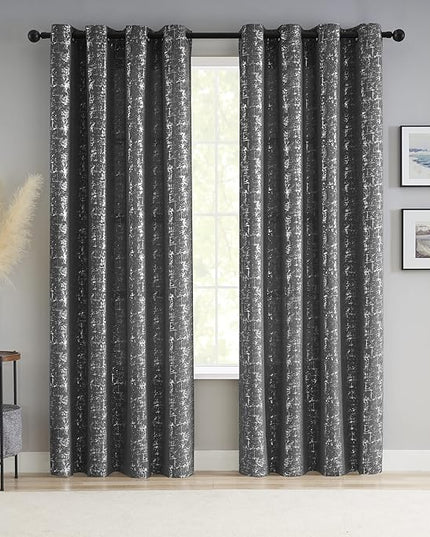Taisier Home Silver Foil Print Linen Textured Curtains Geometric Dots Pattern Design Curtains for Bedroom Living Room Thermal Insulated Window Treatment 2 Panels 84" L,Dark Grey and Silver