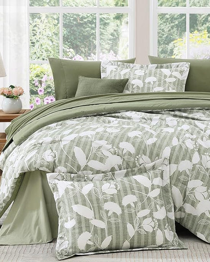 Full Comforter Set -7 Pieces Sage Green Floral Comforter Set for All Seasons, Bed in a Bag Full with Botanical Flowers Comforter, Sheets, Pillowcases & Shams