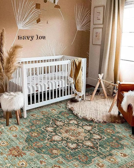 Washable Oriental Area Rug - 10x14 Rugs for Living Room Soft Carpet for Bedroom Waterproof Floral Distressed Indoor Stain Resistant Non-Shedding Floor Carpets (Green, 10X14)