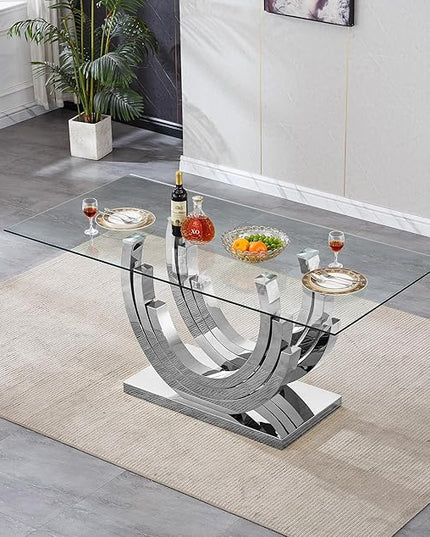 70" Modern Rectangular Glass Dining Table for 4-6, Tempared Glass Top Kitchen Table w/Stainless Steel Base, Glass and Silver Dining Room Table for 6, Large Glass Kitchen Dining Table for Dinner