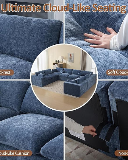 155''Cloud Boneless Sectional Couch, Modular Sectional Sofa Deep Seat, Oversized Upholstered Convertible Comfy 8 Seater Chenille Memory Foam Sofa U Shape Couches for Living Room, Blue
