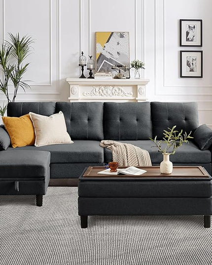 Convertible Sectional Sofa, Modern L Shaped Couch,Linen Fabric 4-Seat Sofa Set with Storage Ottoman and Coffee Table for Living Room, Dark Gray