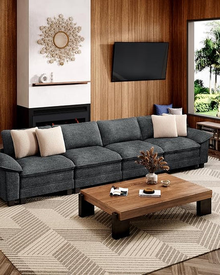 157.5" Cloud Modular Sectional Sofa, 4-Seater w/Deep Seat & Removable Arms, Plush Chenille for Living Room - Cyan