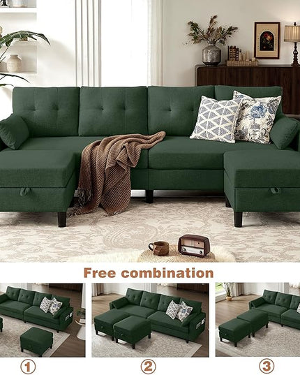 101" Sectional Sofa 4 Seat U Shaped Couch with Storage Ottoman for Living Room, Reception Room ect, Combination Sectional Couch with Movable Ottoman Sets, Green