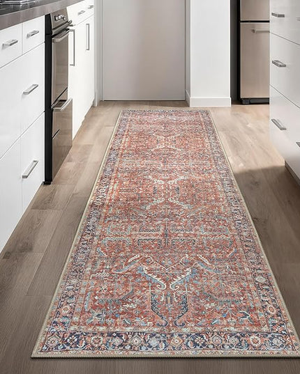 GLN Rugs Traditional Collection - Machine Washable Area Rug, Traditional Washable, Non Slip, Low Pile Chenille Rug, Living Room, Bedroom, Kitchen Rug (2'6"x10' Terra Cotta)