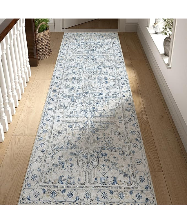 jinchan Lima Hallway Runner Rug 2x10 - Kitchen Washable Rug Floral Runner Non Slip with Rubber Backing Ultra-Thin Vintage Carpet for Bedroom Laundry Room Living Room (2x10ft, Blue)