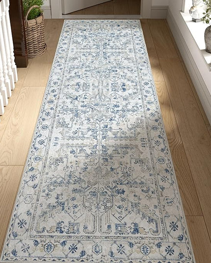 jinchan Lima Hallway Runner Rug 2x10 Washable - Vintage Floral Non Slip Low-Pile Soft Ultra-Thin Faux Wool Kitchen Rug Distressed Carpet Runner for Farmhouse Bedroom Laundry (2x10ft, Blue)