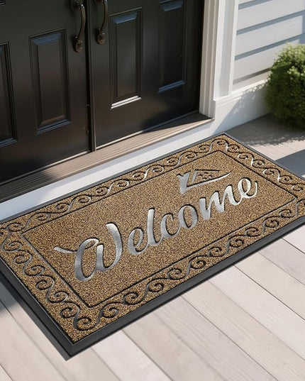 Yimobra Welcome Mat, Heavy Duty Sturdy Door Mats for Home Entrance Outdoor Indoor, Front Doormat for Outside Patio Floor Entry Porch Garage Office, Waterproof, Low Profile, 47 x 24, Beige Brown