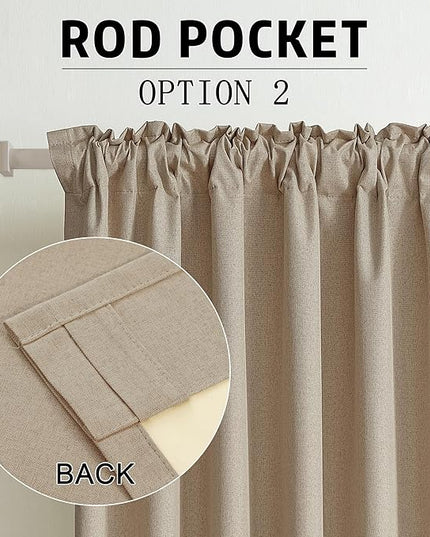 DUALIFE 90 Inch Blackout Taupe Curtains Boho, Thermal Insulated Curtains for Summer Heat for Bedroom Living Room Linen Pleated Drapes 90 Inches Long Rod Pocket(50W x 90L x 2 Panels)