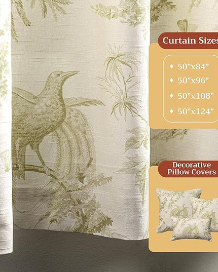 Maison d' Hermine Curtains for Living Room 100% Cotton 124 inch Length One Panel Light Filtering Toile Curtains for Bedroom Windows with Rod and Loop Pockets Drapes (Paradise Sage, 50" W x 124" L)