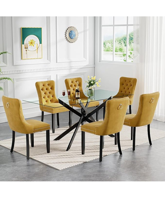 HomVent 7 Piece Rectangular Glass Dining Table Set, Tempered Glass Dinner Table Set for 6 Kitchen Table Set with 6 Velvet Upholstered Chairs for Kitchen Dining Room