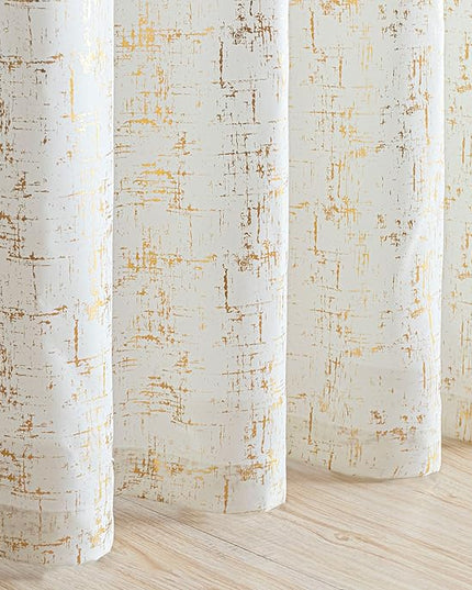 Taisier Home Gold Foil Print Linen Textured Curtains - Geometric Dots Pattern Design for Nursery, Toy Room - Thermal Insulated Window Treatment, 2 Panels, 63" L, Off White and Gold