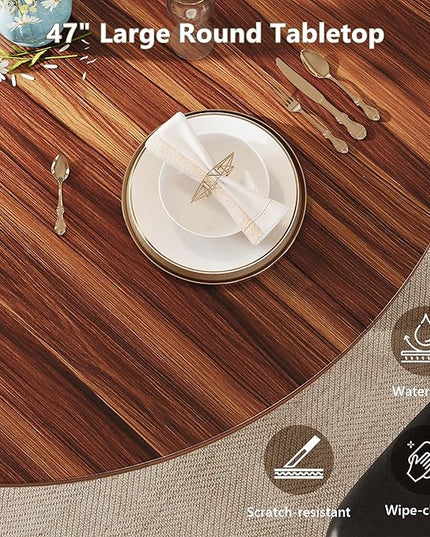 Round Dining Table for 4-6, Kitchen Table with Sturdy Double Arc & Rounded Base & Backboard Clasp Desktop, Mid-Century Modern Circle Dinner Table for Dining Living Room, Space Saving, Walnut