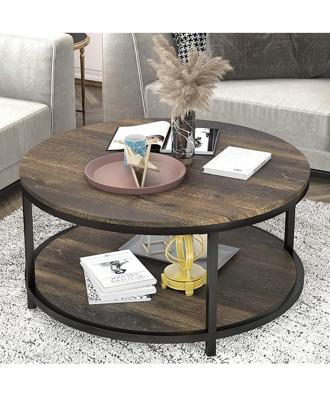 NSdirect 36 inches Round Coffee Table, Rustic Wooden Surface Top & Sturdy Metal Legs Industrial Sofa Table for Living Room Modern Design Home Furniture with Storage Open Shelf(Rustic Brown)