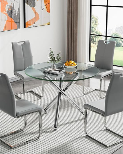 HomVent Round Glass Dining Table Set for 4, 5-Piece Modern Kitchen Table Set with 4 PU Upholstered Chair for Kitchen Dining Room, Glass Dining Room Table Set