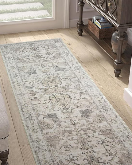 jinchan Runner Rug 2x6 Machine Washable Hallway - Vintage Floral Non-Slip Low-Pile Soft Ultra-Thin Kitchen Rug Distressed Carpet Runner for Farmhouse Bedroom Entryway Laundry Room(2x6ft, Taupe)