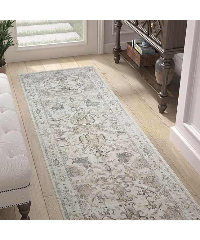 jinchan Hallway Runner Rug 2x8 Machine Washable - Vintage Floral Non-Slip Low-Pile Soft Ultra-Thin Faux Wool Kitchen Rug Distressed Carpet Runner for Farmhouse Bedroom Laundry Room (2x8ft, Taupe)