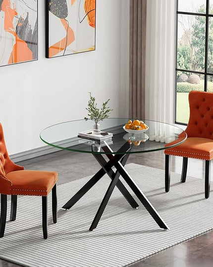 HomVent 3 Piece Round Glass Dining Table Set, Tempered Glass Dinner Table Set for 2 Kitchen Table Set with 2 Velvet Upholstered Chairs for Kitchen Dining Room