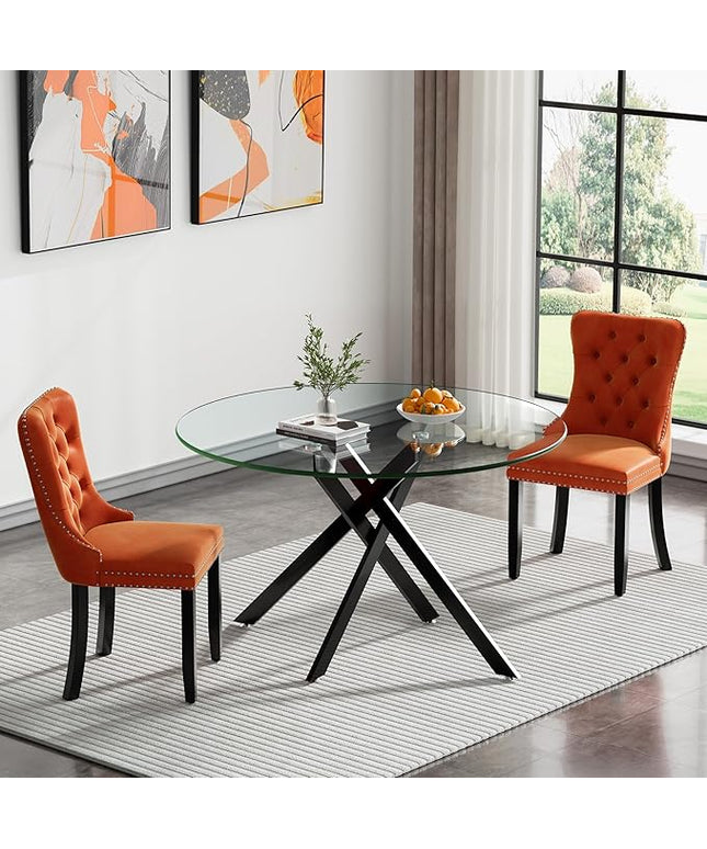 HomVent 3 Piece Round Glass Dining Table Set, Tempered Glass Dinner Table Set for 2 Kitchen Table Set with 2 Velvet Upholstered Chairs for Kitchen Dining Room