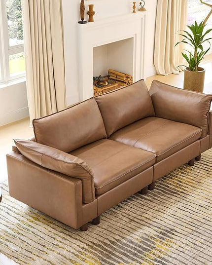 CHITA 92" Super Large Sectional Couches for Living Room, Modular Cloud Couch Sectional Sofa, Premium Genuine Leather Sofa, Down Filled, High Density Foam, Real Leather in Saddle, 2 Seater Loveseat