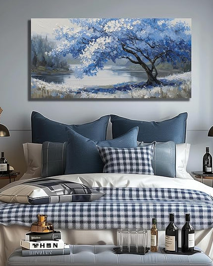 JuhaiArt Blue Wall Art White Picture Art Scenery Wall Decor Tree Wall Art Canvas for Living Room Bedroom Home Office Prints Gray Artwork 24" x 48"