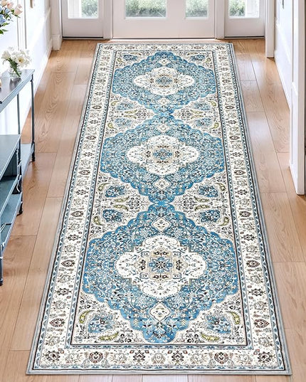 Ciicool Washable Runner Rug Non Slip, 2'x6' Blue Hallway Rug Vintage Kitchen Rugs Carpet for Bedroom Laundry Bathroom Decor