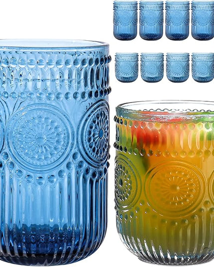Blue Drinking Glasses Set of 12, 14 Oz Highball & 10 Oz Cocktail Glasses, Blue Kitchen Vintage Glassware Set, Floral Embossed Glass Tumbler Cups for Beer, Juice, Water, Whiskey, Coffee