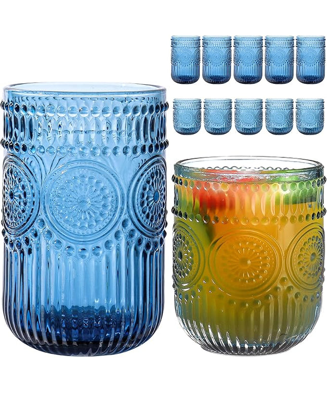 Blue Drinking Glasses Set of 12, 14 Oz Highball & 10 Oz Cocktail Glasses, Blue Kitchen Vintage Glassware Set, Floral Embossed Glass Tumbler Cups for Beer, Juice, Water, Whiskey, Coffee