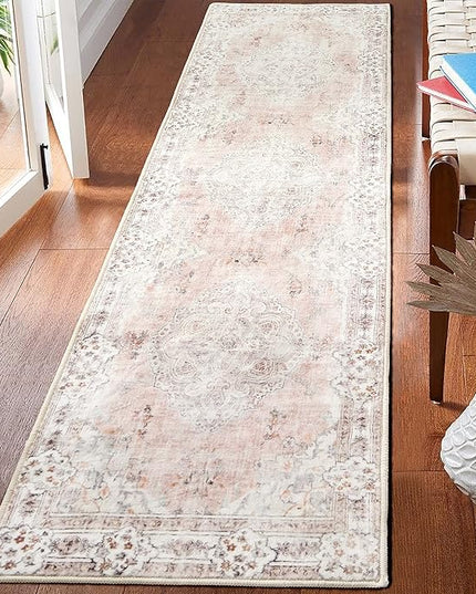 MUJOO Hallway Runner Rug 2'x8' Pink Long Rug Runners Boho Machine Washable Non Slip Carpet for Entryway Kitchen Bathroom Bedside Retro Soft Low-Pile Blossom