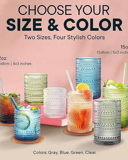 15 OZ Hobnail Drinking Set of 12 – Vintage Embossed Glassware, Textured Tumblers for Water, Beer, Cocktails, Mocktails, Whiskey & More – Includes Straws and Coasters – Clear