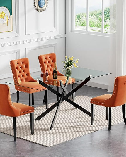 HomVent 5 Piece Rectangular Glass Dining Table Set, Tempered Glass Dinner Table Set for 4 Kitchen Table Set with 4 Velvet Upholstered Chairs for Kitchen Dining Room