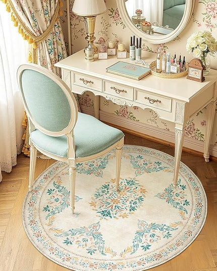 jinchan Round Rug 4ft Area Rug Vintage Floral Distressed Design Machine Washable Soft Non-Slip Low-Pile Ultra-Thin Circle Rug for Entryway Bedside Living Room Kitchen Nursery (4' Round, Apricot Multi)