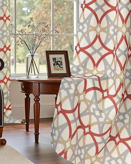 DriftAway Alexander Blackout Curtains for Living Room Linen Blend Pattern Match Thermal Insulated Room Darkening Geo Moroccan Mid Century Back Tab Bedroom Drapes 2 Panels 52 x 63 Inch Linen Red