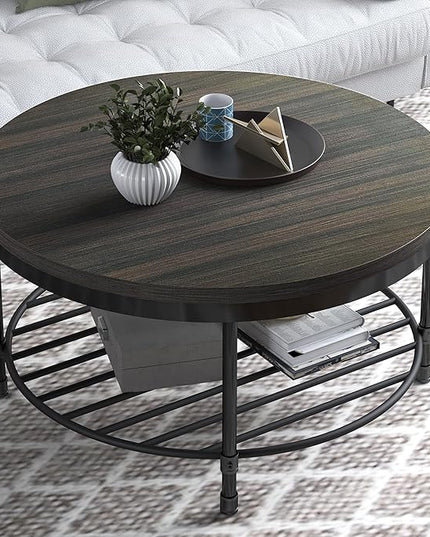 NSdirect 36" Round Coffee Table with Storage Shelf, Dark Grey Brown Vintage Wood Top & Metal Legs - 18.5" Height End Table for Small Spaces (Dark Grey Brown)