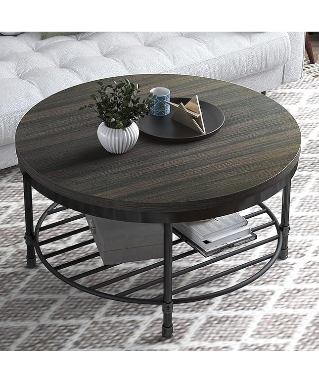 NSdirect 36" Round Coffee Table with Storage Shelf, Dark Grey Brown Vintage Wood Top & Metal Legs - 18.5" Height End Table for Small Spaces (Dark Grey Brown)