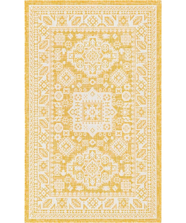 Rugs.com Outdoor Aztec Collection Rug – 3' x 5' Yellow Flatweave Rug Perfect for Living Rooms, Large Dining Rooms, Open Floorplans