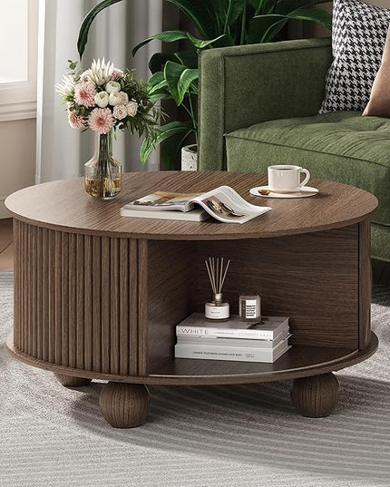 Round Coffee Table with Storage, 31.5" Circle Coffee Table with Sliding Door & Bun Feet, Fluted Center Table for Living Room, Home Small Space, Walnut