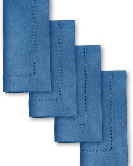 Solino Home Linen Napkins Set of 4 - Classic Hemstitch 100% Pure Linen Indigo Blue Dinner Napkins Cloth 20 x 20 Inch for Christmas, New Year - Handcrafted and Machine Washable