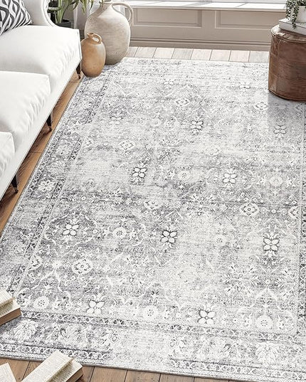 ReaLife Rugs Machine Washable Area Rug - Living Room Bedroom Bathroom Kitchen Entryway Office - Padded Low Pile Stain Resistant Premium - Boho Farmhouse Vintage - Noor - Silver Ivory 4' x 6'