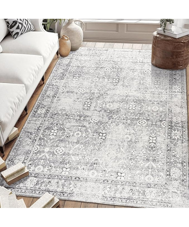 ReaLife Rugs Machine Washable Area Rug - Living Room Bedroom Bathroom Kitchen Entryway Office - Padded Low Pile Stain Resistant Premium - Boho Farmhouse Vintage - Noor - Silver Ivory 4' x 6'