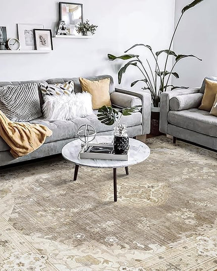 MUJOO Beige Rug 8'x10' Area Rugs for Living Room Bedroom Dining Room,Large Washable Boho Bohemian Vintage Distressed Farmhouse Non Slip Carpet, Floral Flowers