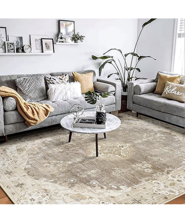 MUJOO Beige Rug 8'x10' Area Rugs for Living Room Bedroom Dining Room,Large Washable Boho Bohemian Vintage Distressed Farmhouse Non Slip Carpet, Floral Flowers