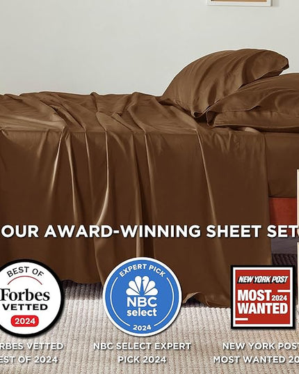 Bedsure Queen Sheet Set, Rayon Derived from Bamboo, Cooling Sheets, Breathable & Soft, Deep Pocket Up to 16 Inches, Hotel Luxury Silky Bedding for Hot Sleepers, Brown