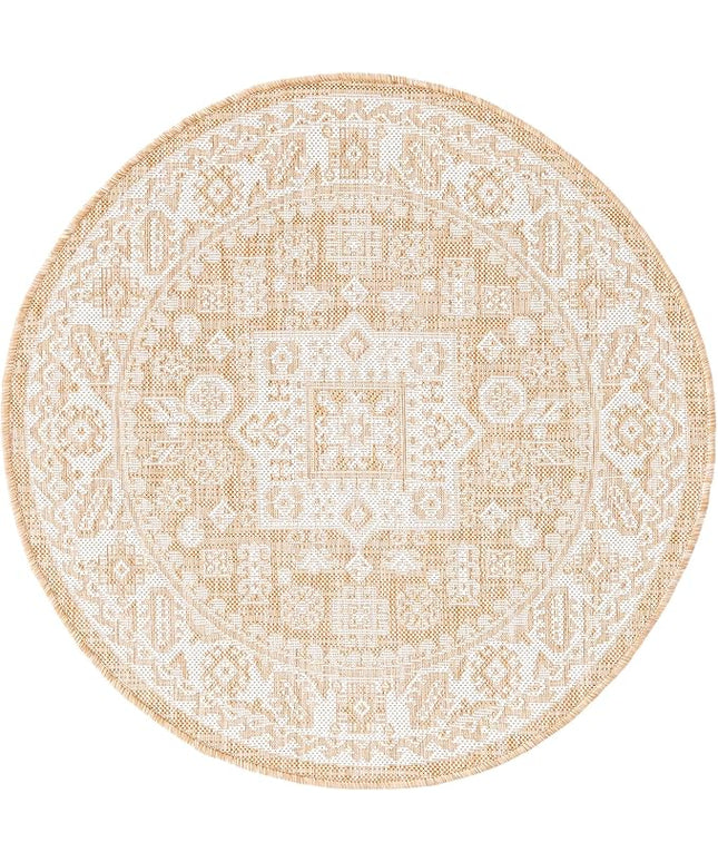 Rugs.com Outdoor Aztec Collection Rug – 3 Ft Round Natural Flatweave Rug Perfect for Kitchens, Dining Rooms
