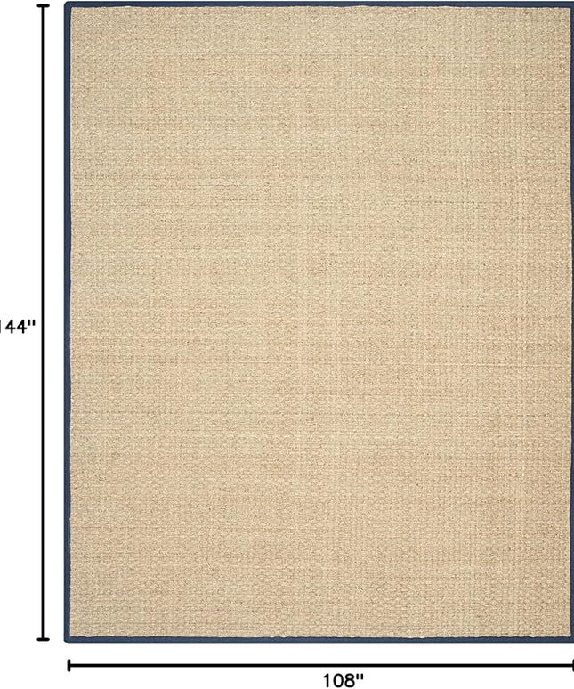 SAFAVIEH Area Rug 9x12 - Natural Fiber Collection - Large - Natural & Blue, Seagrass, Basketweave Pattern with Border (NF114E)